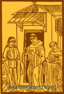 Il cavaliere Owen (a sinistra) ascolta gli elenchi dei tormenti del purgatorio dal priore (al centro). Da Le voyage du puys sainct Patrix auquel lieu on voit les peines de Purgatoire et aussi les joyes de Paradis di Claude Noury, Lyon 1506.